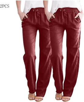 2PC Womens Casual Loose Elastic Waist Linen Trouser 2025 Loose Fit Pants with Pockets Loose Flowy Yoga Sweatpants