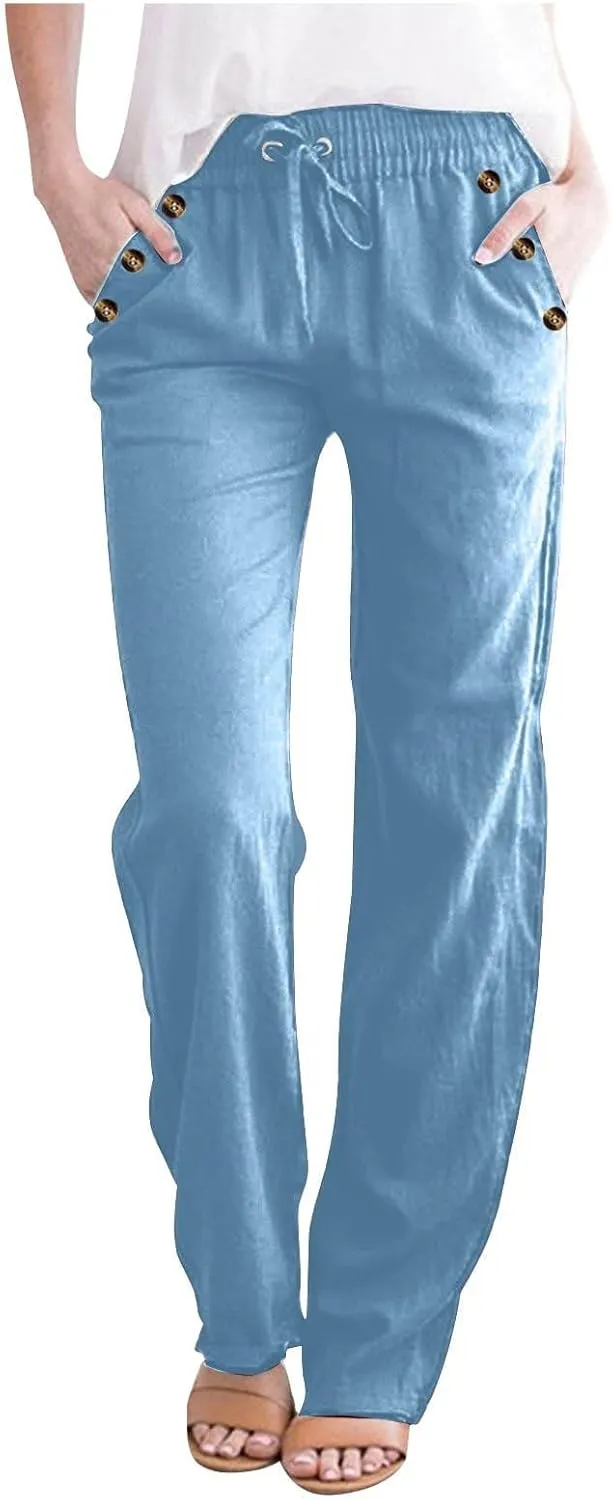 2PC Womens Casual Loose Elastic Waist Linen Trouser 2025 Loose Fit Pants with Pockets Loose Flowy Yoga Sweatpants