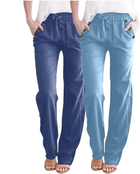 2PC Womens Casual Loose Elastic Waist Linen Trouser 2025 Loose Fit Pants with Pockets Loose Flowy Yoga Sweatpants