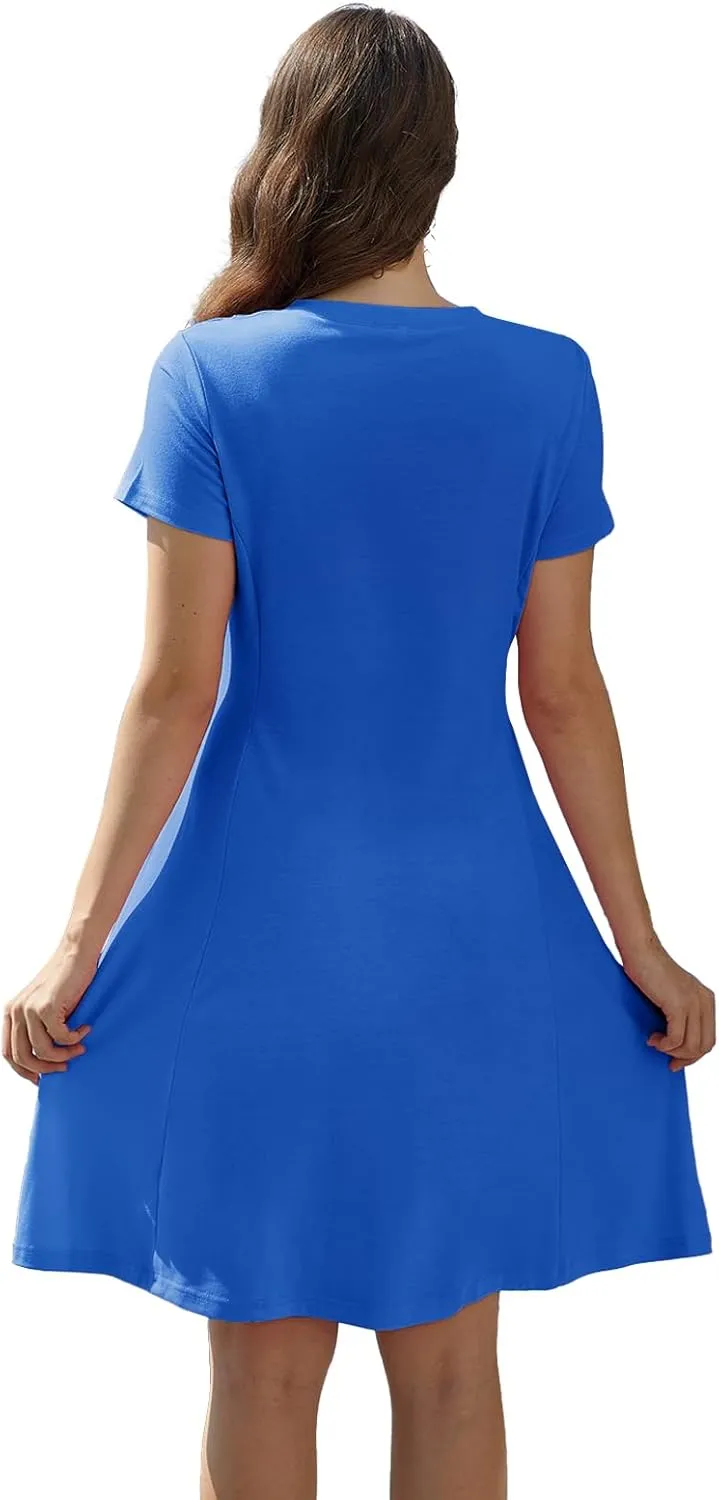 Alaster Queen Womens 2025 Casual Summer Dresses Flowing V Neck Mini Dress Short Sleeve T Shirts for Women with Pocket