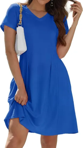 Alaster Queen Womens 2025 Casual Summer Dresses Flowing V Neck Mini Dress Short Sleeve T Shirts for Women with Pocket