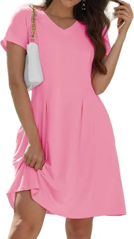 Alaster Queen Womens 2025 Casual Summer Dresses Flowing V Neck Mini Dress Short Sleeve T Shirts for Women with Pocket