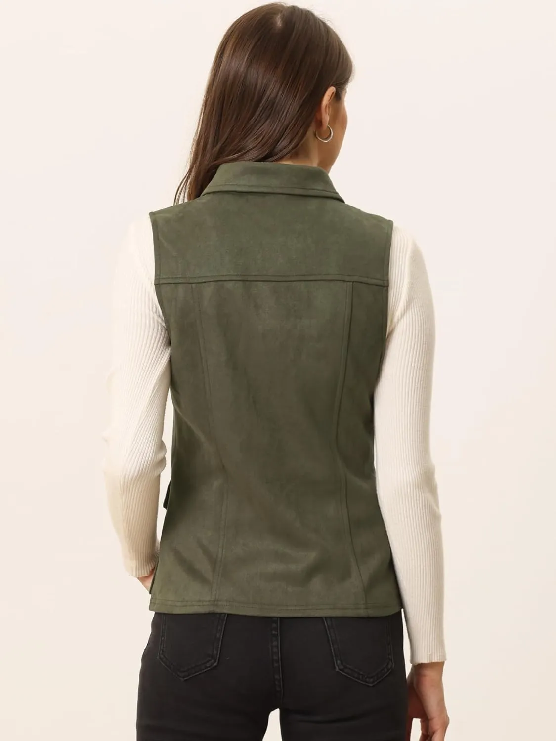 Allegra K Women's Faux Suede Vest Utility Buttoned Sleeveless Jacket with Cargo Pocket