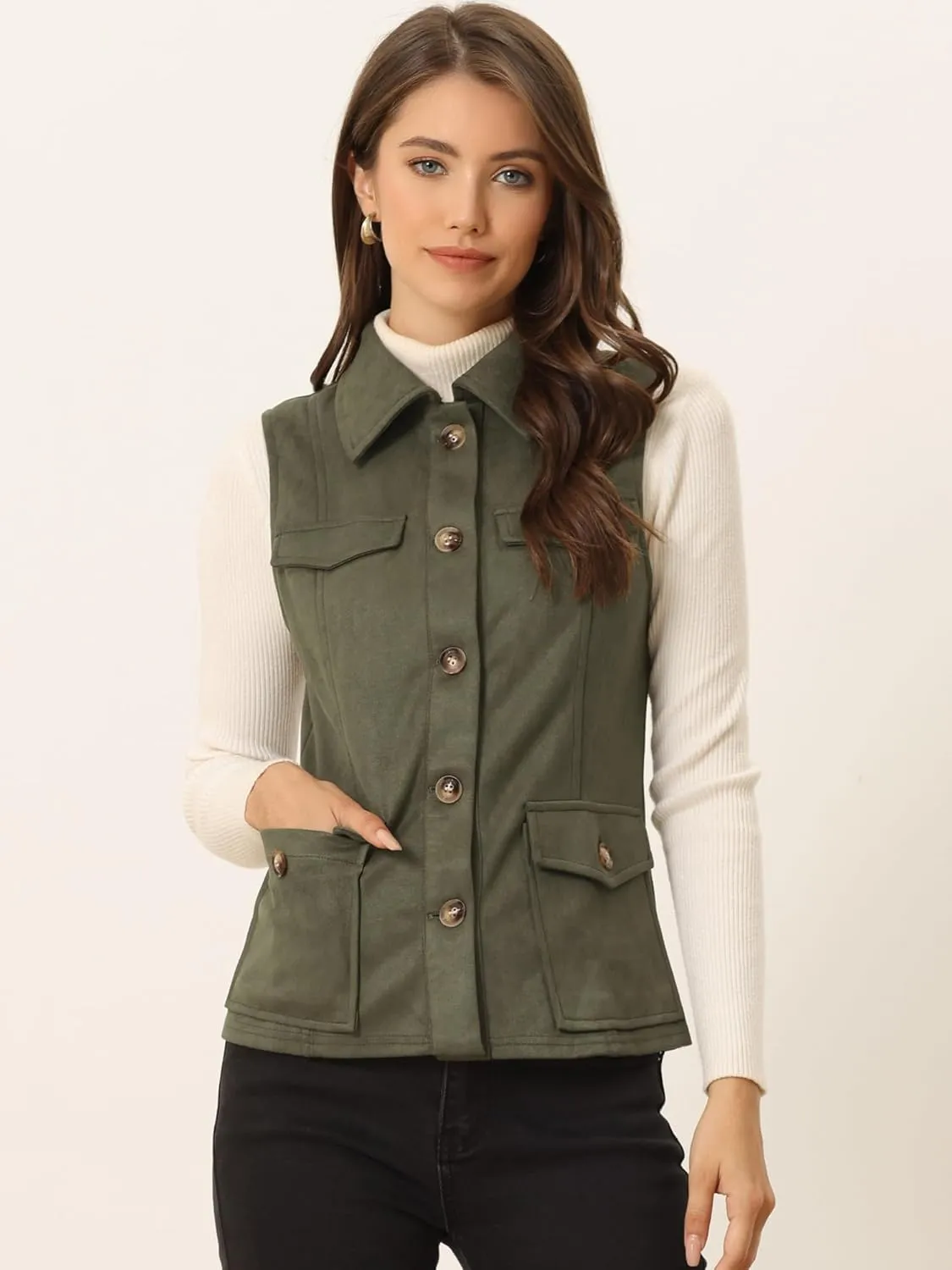 Allegra K Women's Faux Suede Vest Utility Buttoned Sleeveless Jacket with Cargo Pocket