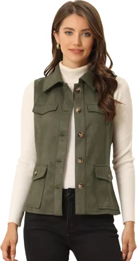 Allegra K Women's Faux Suede Vest Utility Buttoned Sleeveless Jacket with Cargo Pocket