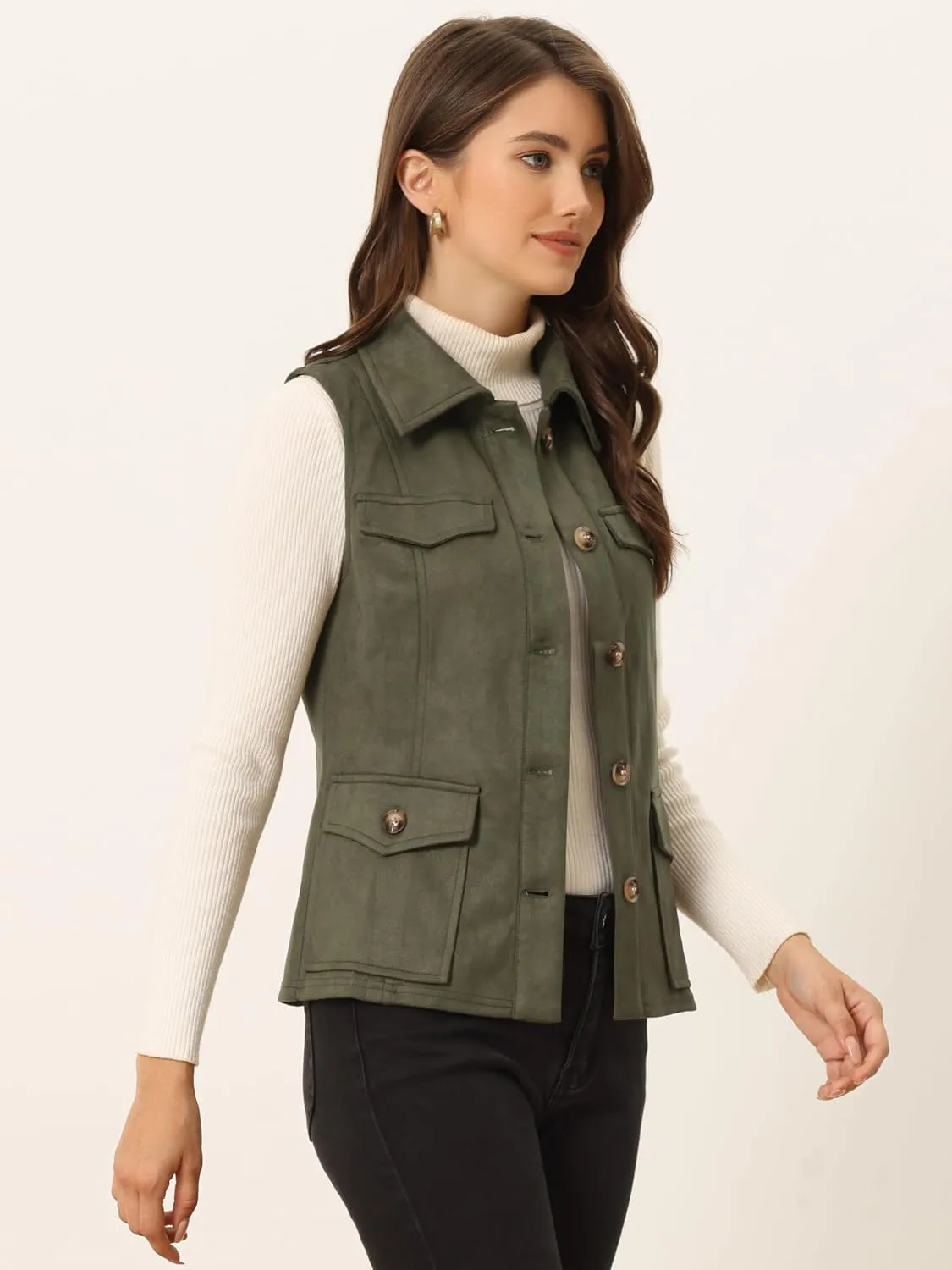 Allegra K Women's Faux Suede Vest Utility Buttoned Sleeveless Jacket with Cargo Pocket