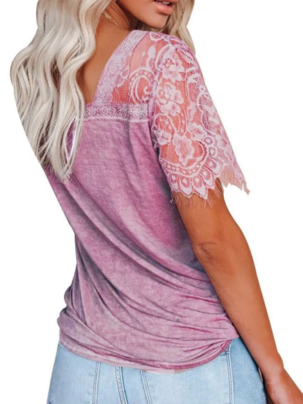 Astrid Short Sleeve V Neck Feather Lace Sleeve Blouse Top