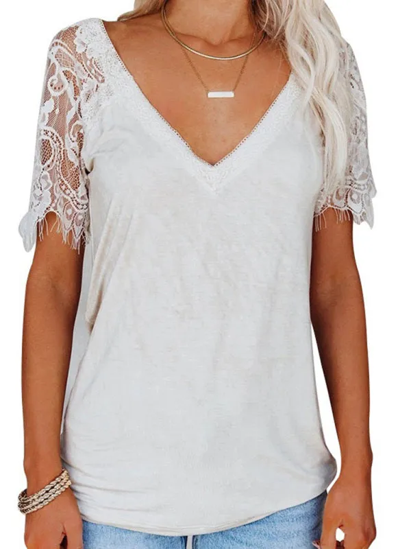 Astrid Short Sleeve V Neck Feather Lace Sleeve Blouse Top