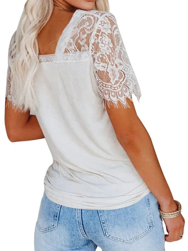 Astrid Short Sleeve V Neck Feather Lace Sleeve Blouse Top