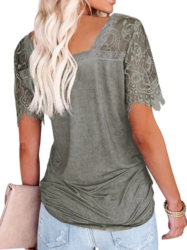 Astrid Short Sleeve V Neck Feather Lace Sleeve Blouse Top