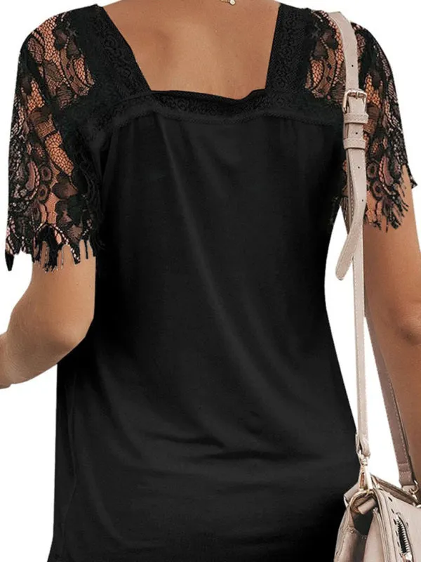 Astrid Short Sleeve V Neck Feather Lace Sleeve Blouse Top
