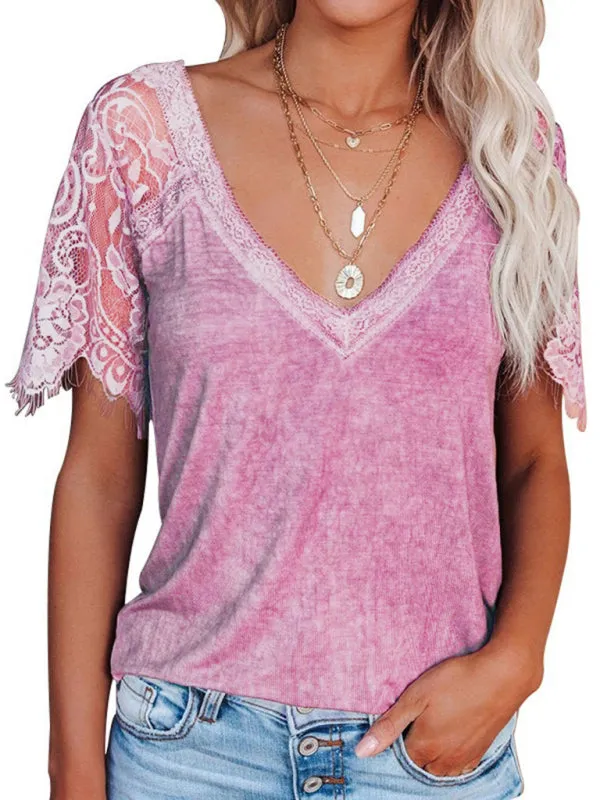 Astrid Short Sleeve V Neck Feather Lace Sleeve Blouse Top