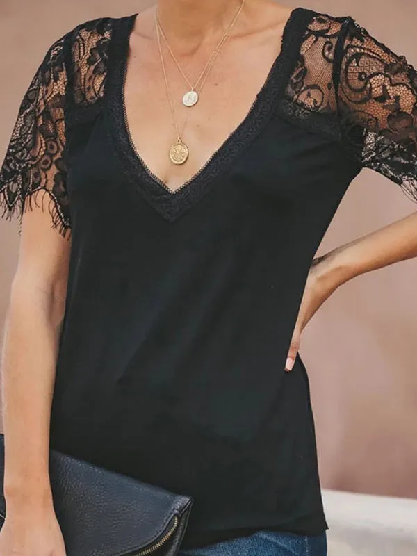 Astrid Short Sleeve V Neck Feather Lace Sleeve Blouse Top