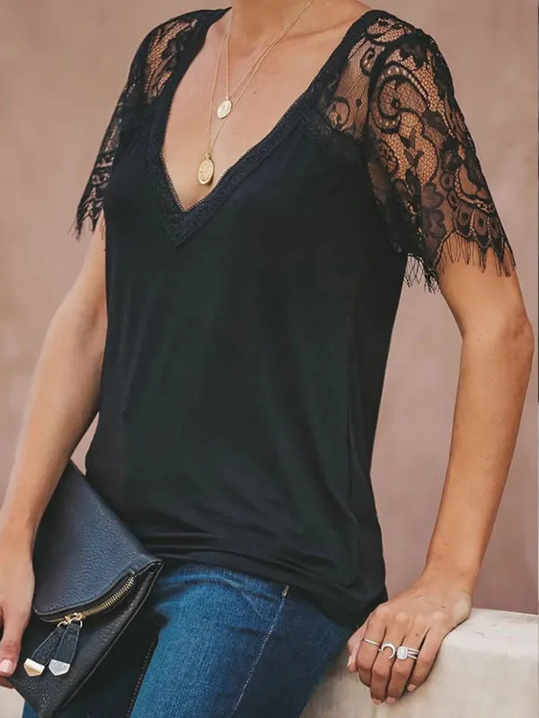 Astrid Short Sleeve V Neck Feather Lace Sleeve Blouse Top