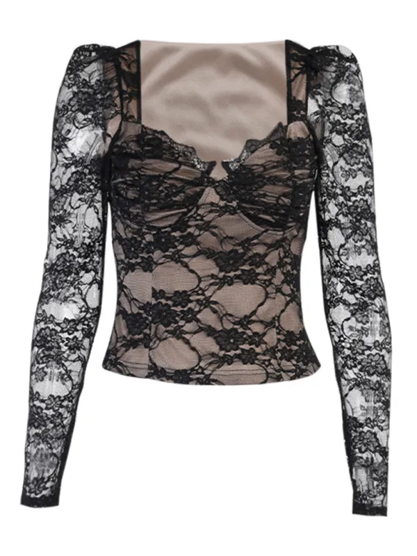 Aubrie Women's Sexy V-Neck Lace Long-Sleeved T-Shirt