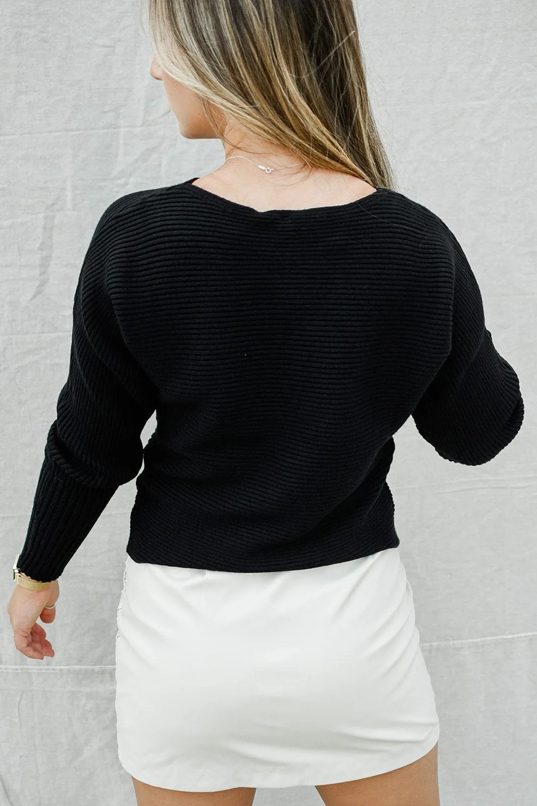 Black Ribbed Dolman Sleeve Sweater
