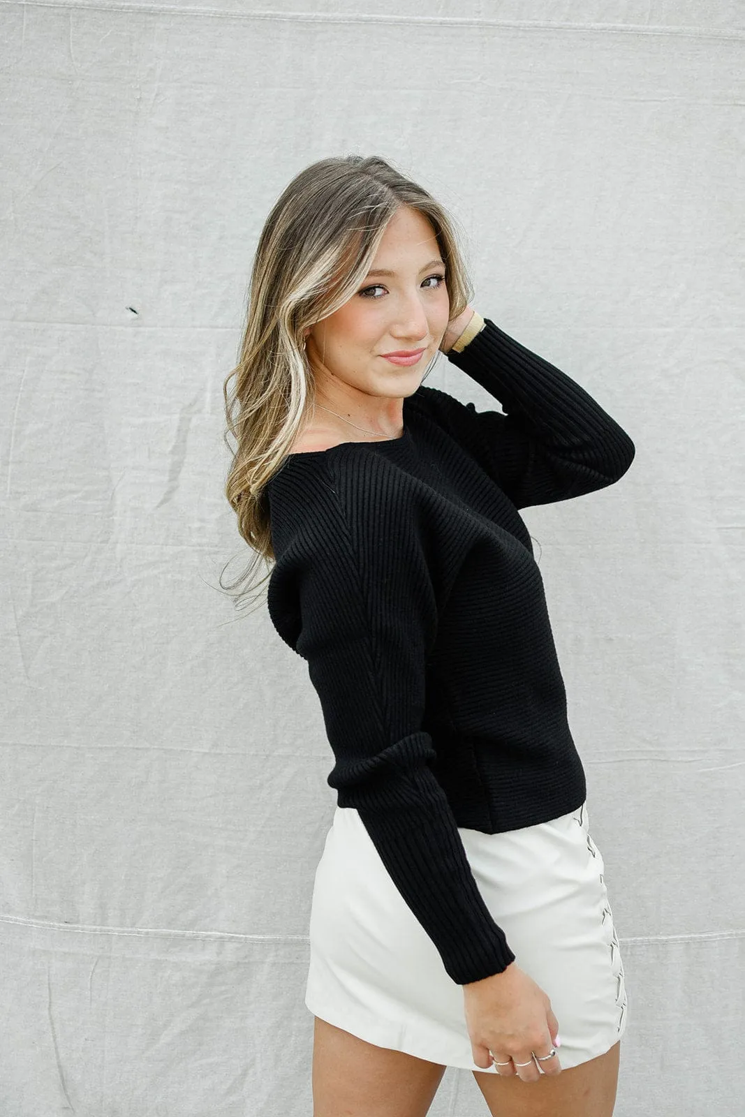 Black Ribbed Dolman Sleeve Sweater