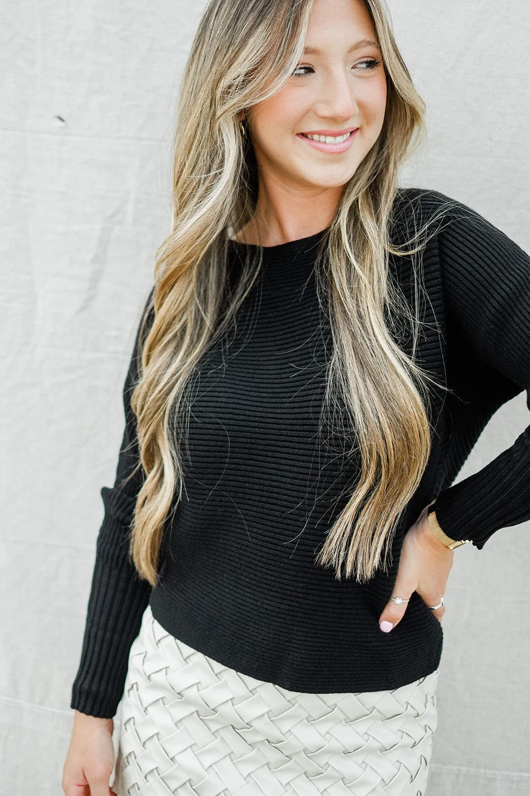 Black Ribbed Dolman Sleeve Sweater