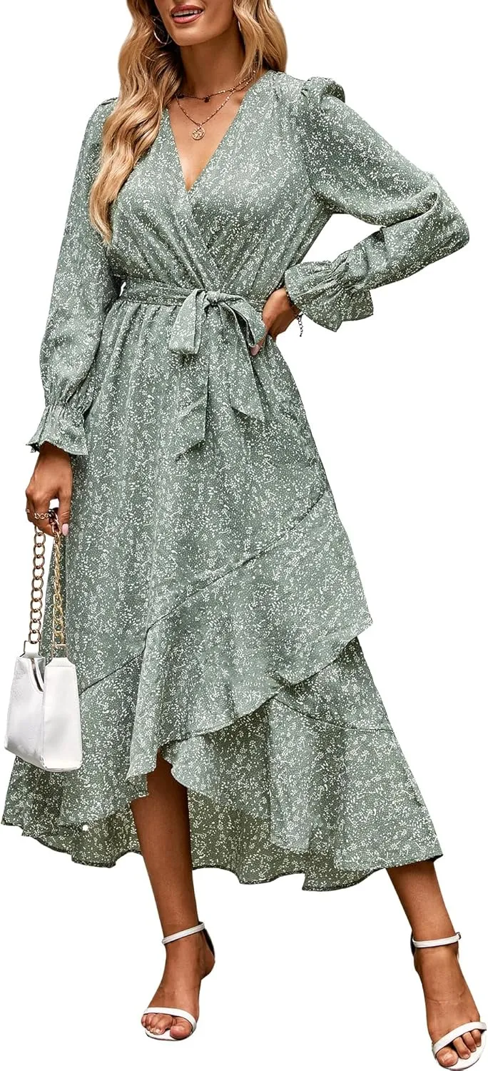 BTFBM Women Long Sleeve Dresses Spring Summer Clothes 2025 V Neck Floral High Waist Ruffle Boho Wedding Guest Dress