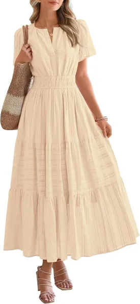 BTFBM Womens Summer 2025 Casual Midi Maxi Dresses Lightweight Short Sleeve V Neck Elastic Waist Boho Beach Dress Pockets