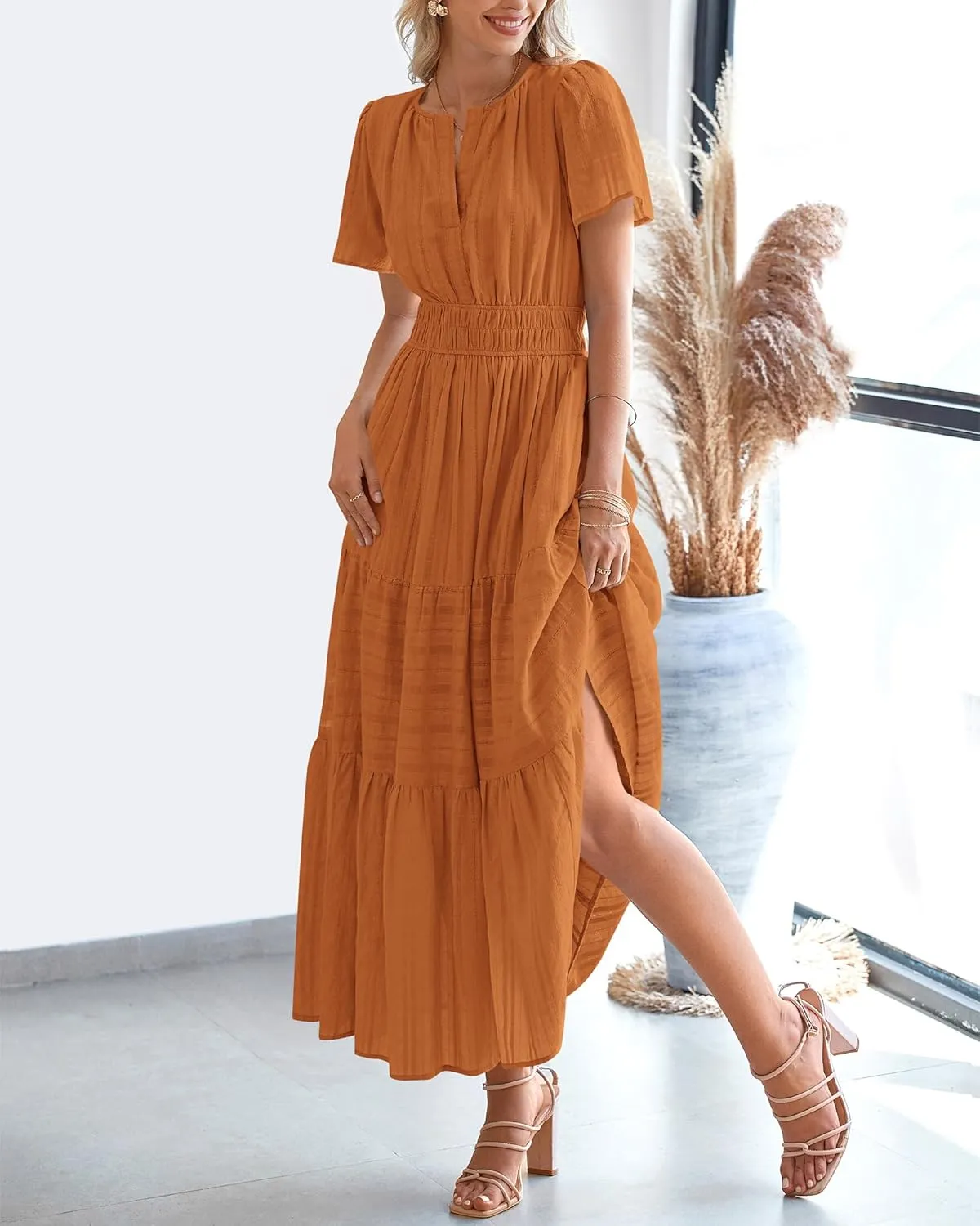 BTFBM Womens Summer 2025 Casual Midi Maxi Dresses Lightweight Short Sleeve V Neck Elastic Waist Boho Beach Dress Pockets
