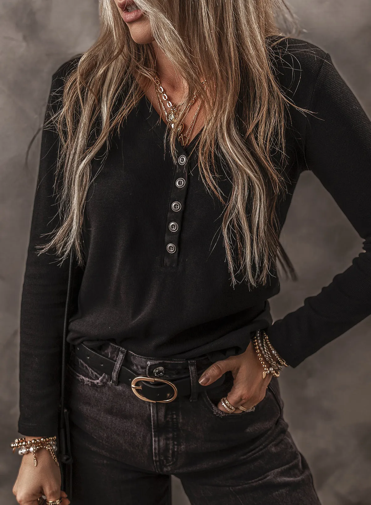 Buttoned Long Sleeve Ribbed Top