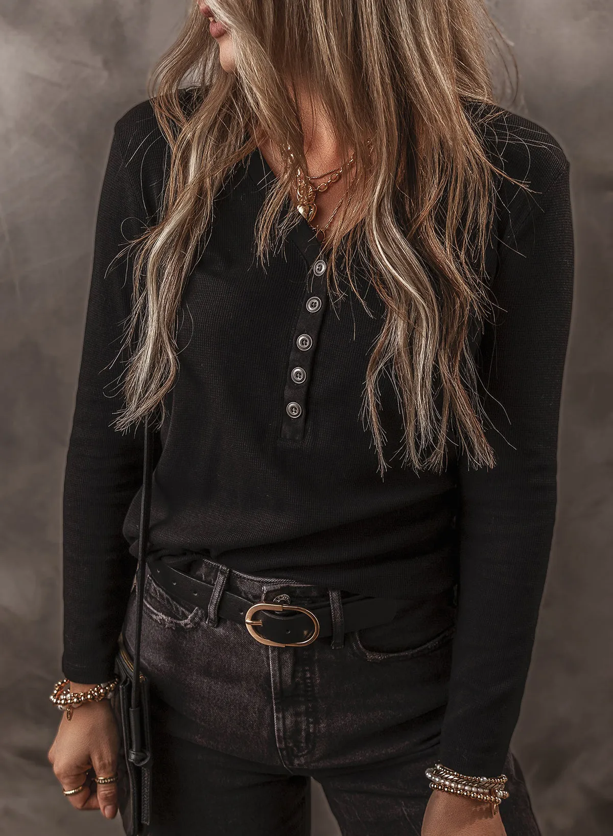 Buttoned Long Sleeve Ribbed Top