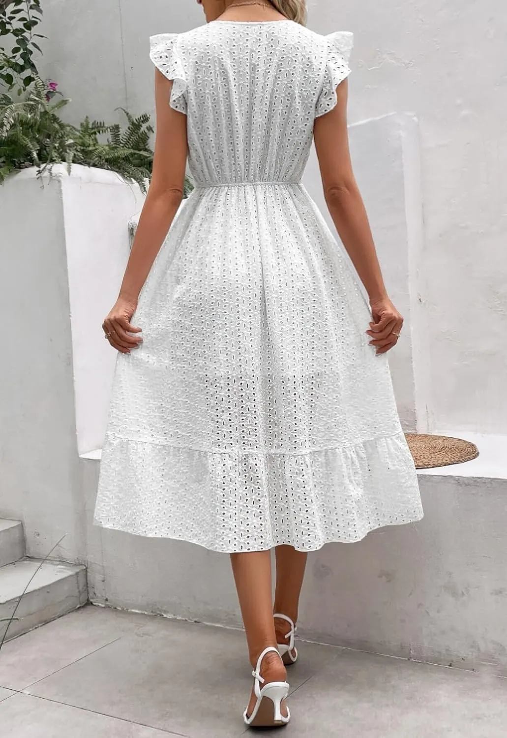chouyatou Women's Summer Flutter Sleeve Embroidery Eyelet Lace Dress V-Neck A-Line Beach Sun Dress