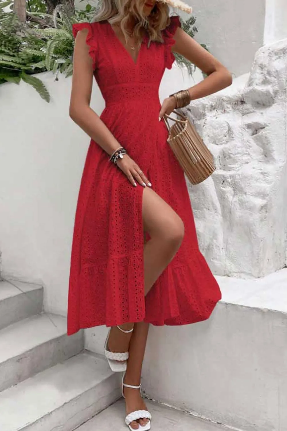 chouyatou Women's Summer Flutter Sleeve Embroidery Eyelet Lace Dress V-Neck A-Line Beach Sun Dress