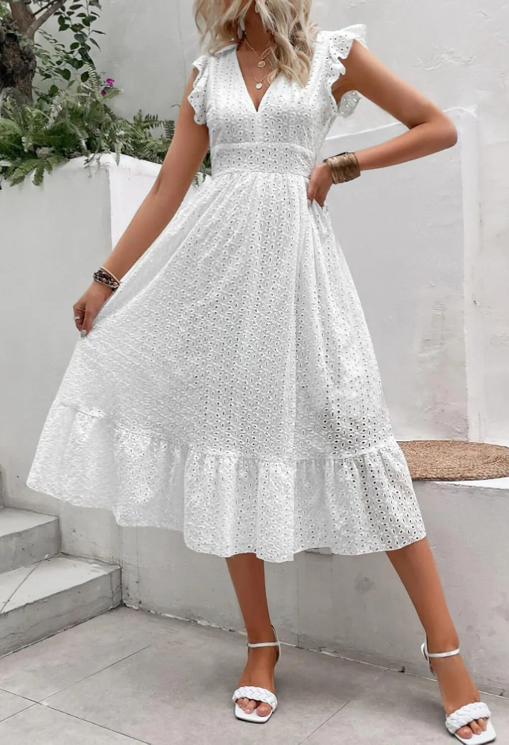 chouyatou Women's Summer Flutter Sleeve Embroidery Eyelet Lace Dress V-Neck A-Line Beach Sun Dress