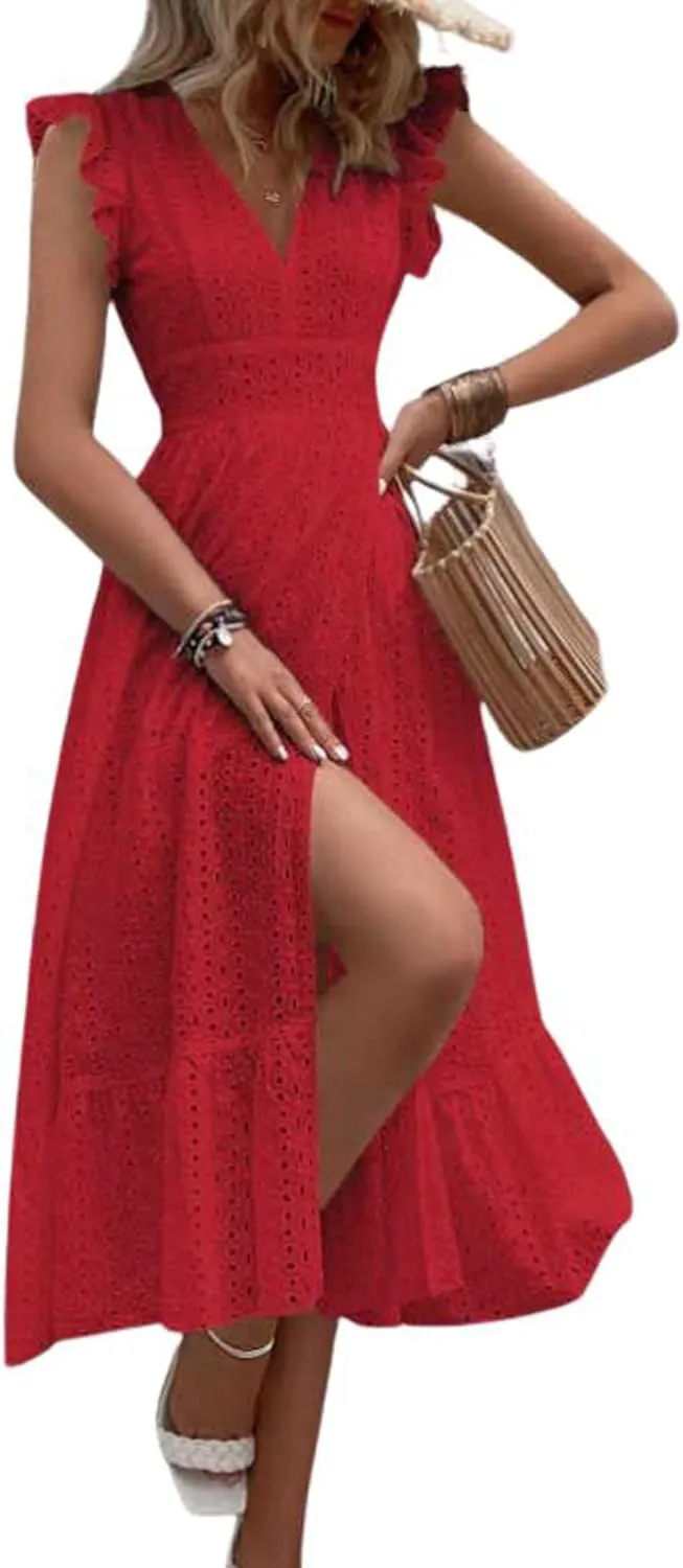 chouyatou Women's Summer Flutter Sleeve Embroidery Eyelet Lace Dress V-Neck A-Line Beach Sun Dress