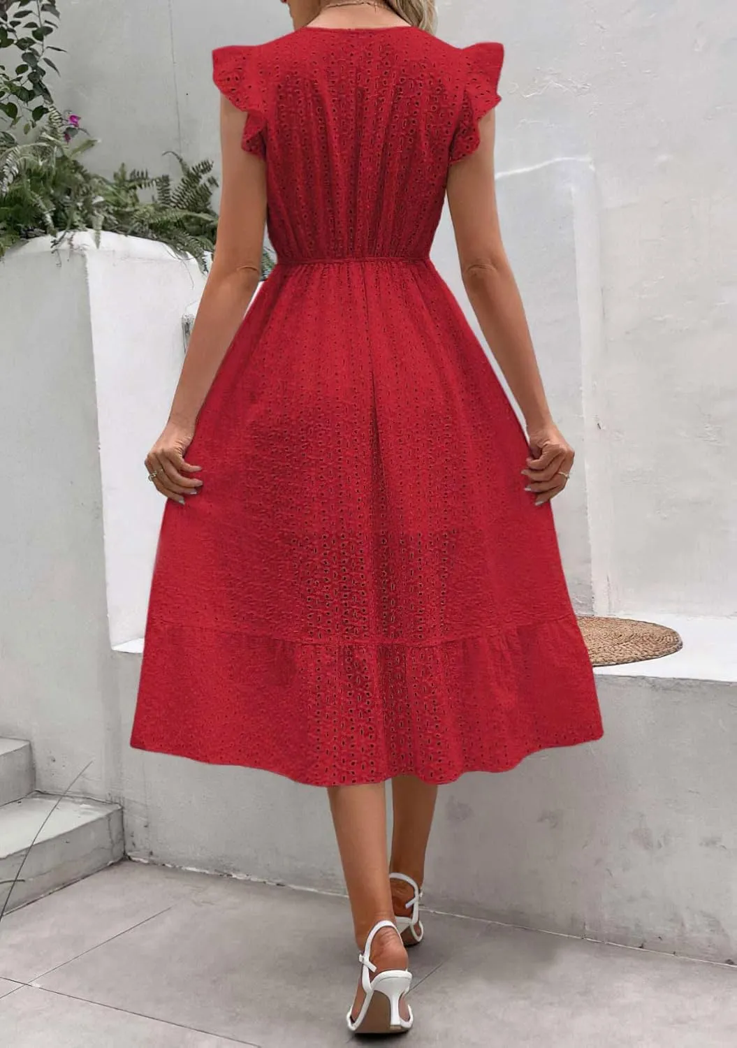 chouyatou Women's Summer Flutter Sleeve Embroidery Eyelet Lace Dress V-Neck A-Line Beach Sun Dress