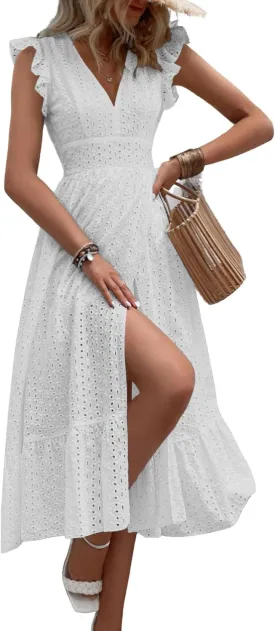 chouyatou Women's Summer Flutter Sleeve Embroidery Eyelet Lace Dress V-Neck A-Line Beach Sun Dress