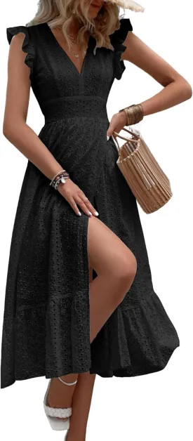 chouyatou Women's Summer Flutter Sleeve Embroidery Eyelet Lace Dress V-Neck A-Line Beach Sun Dress
