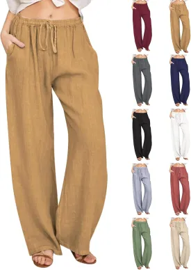 Cotton Linen Pants for Women Summer Drawstring High Waisted Palazzo Pants Casual Wide Leg Yoga Pants with Pockets