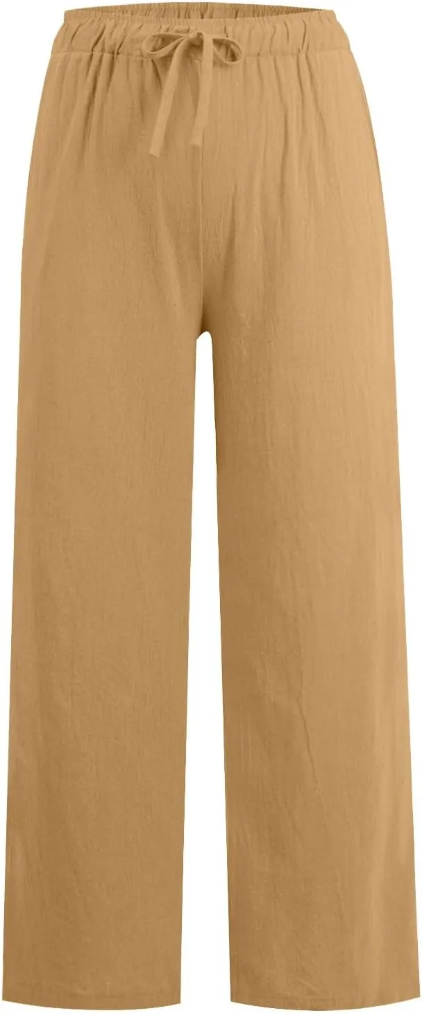 Cotton Linen Pants for Women Summer Drawstring High Waisted Palazzo Pants Casual Wide Leg Yoga Pants with Pockets