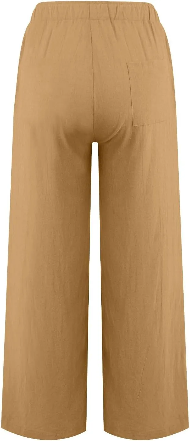 Cotton Linen Pants for Women Summer Drawstring High Waisted Palazzo Pants Casual Wide Leg Yoga Pants with Pockets