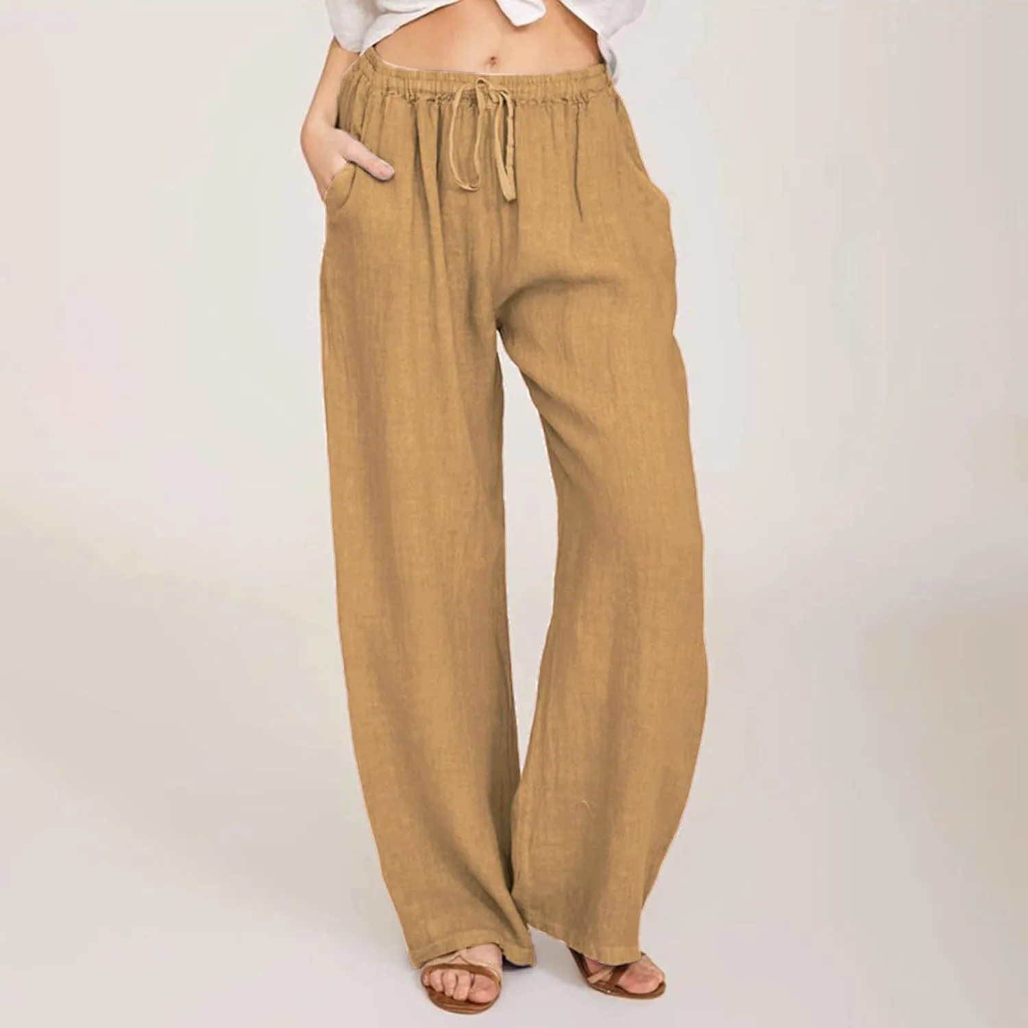 Cotton Linen Pants for Women Summer Drawstring High Waisted Palazzo Pants Casual Wide Leg Yoga Pants with Pockets