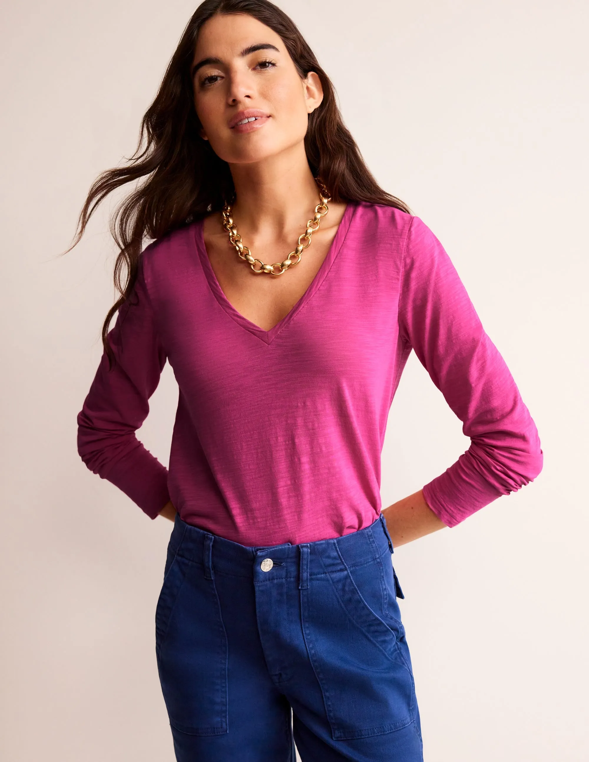 Cotton V-Neck Long Sleeve Top-Sangria Sunset