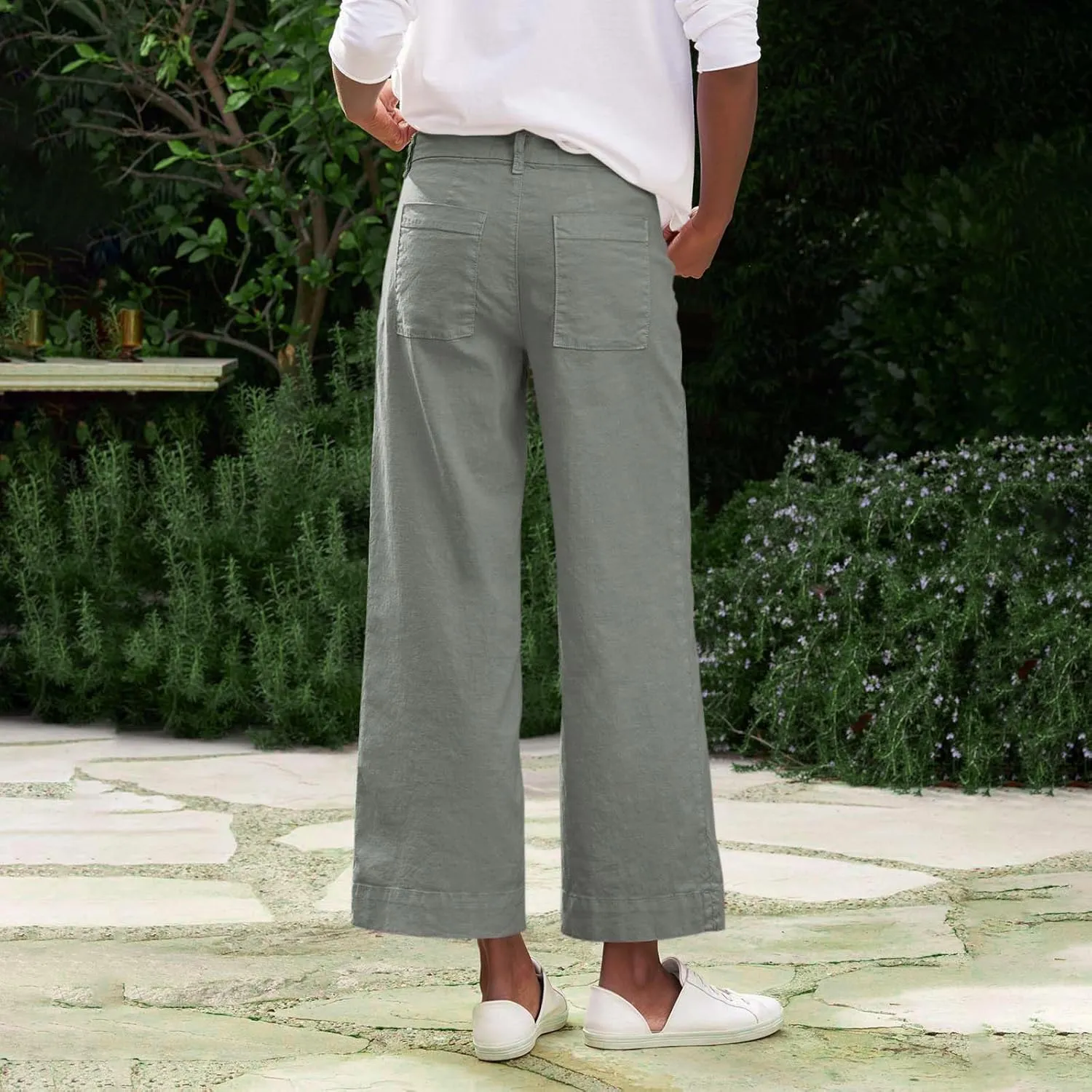 Cropped Linen Pants Women Summer Flare Wide Leg Pants High Waisted Work Pants Business Casual Bootcut Trouser Pants