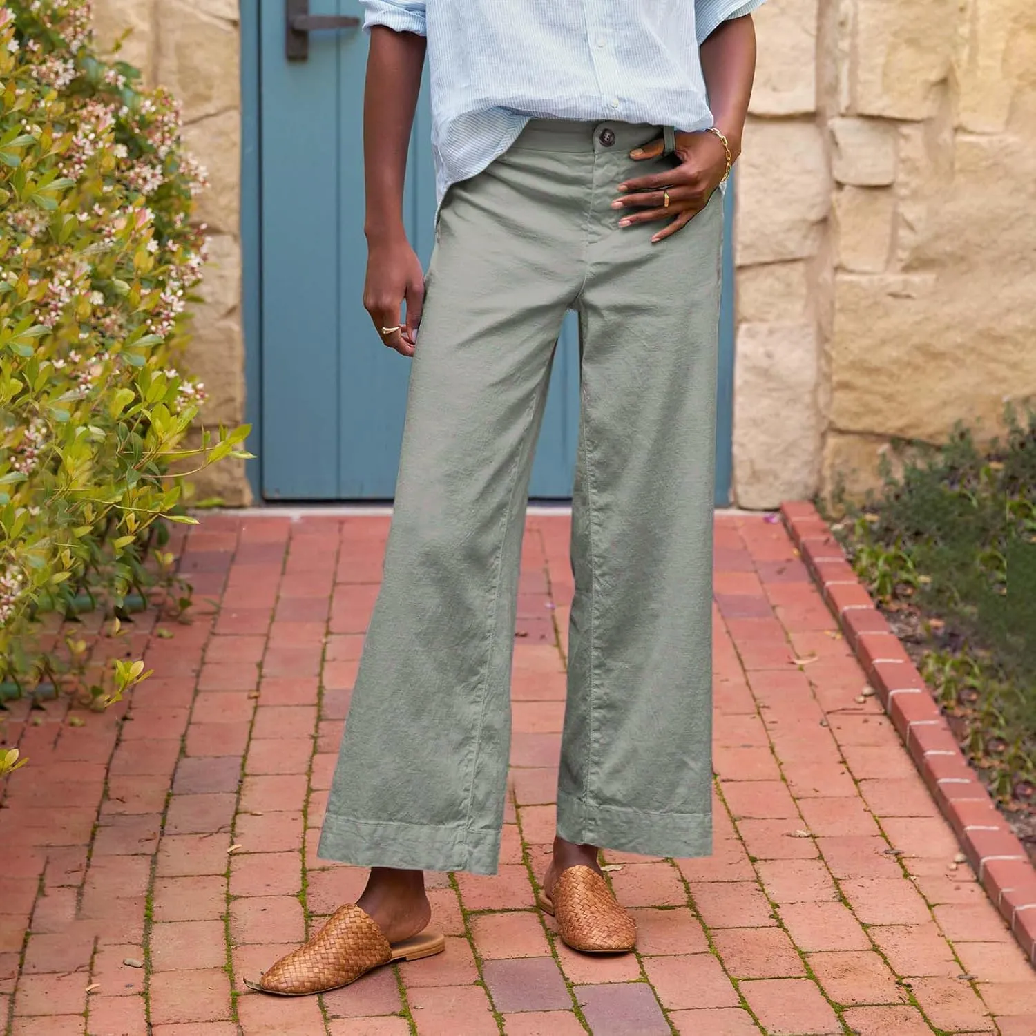 Cropped Linen Pants Women Summer Flare Wide Leg Pants High Waisted Work Pants Business Casual Bootcut Trouser Pants