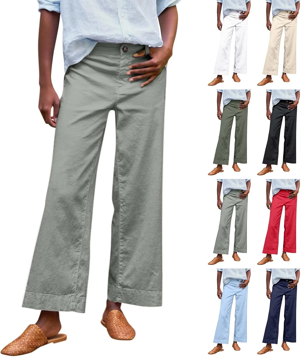 Cropped Linen Pants Women Summer Flare Wide Leg Pants High Waisted Work Pants Business Casual Bootcut Trouser Pants