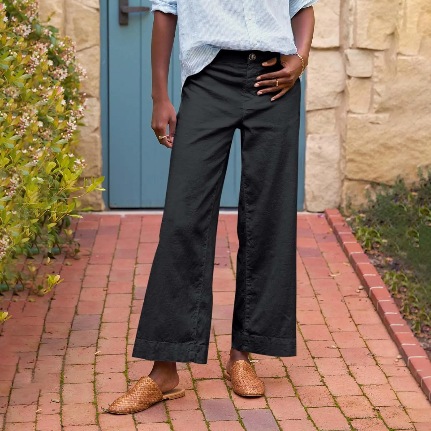 Cropped Linen Pants Women Summer Flare Wide Leg Pants High Waisted Work Pants Business Casual Bootcut Trouser Pants