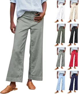 Cropped Linen Pants Women Summer Flare Wide Leg Pants High Waisted Work Pants Business Casual Bootcut Trouser Pants