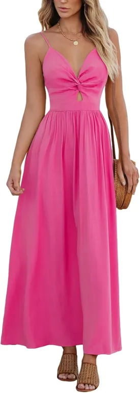 CUPSHE Women Casual Dress Beach Sleeveless V Neck Summer Cutout Spaghetti Straps Formal Maxi Sun Dresses