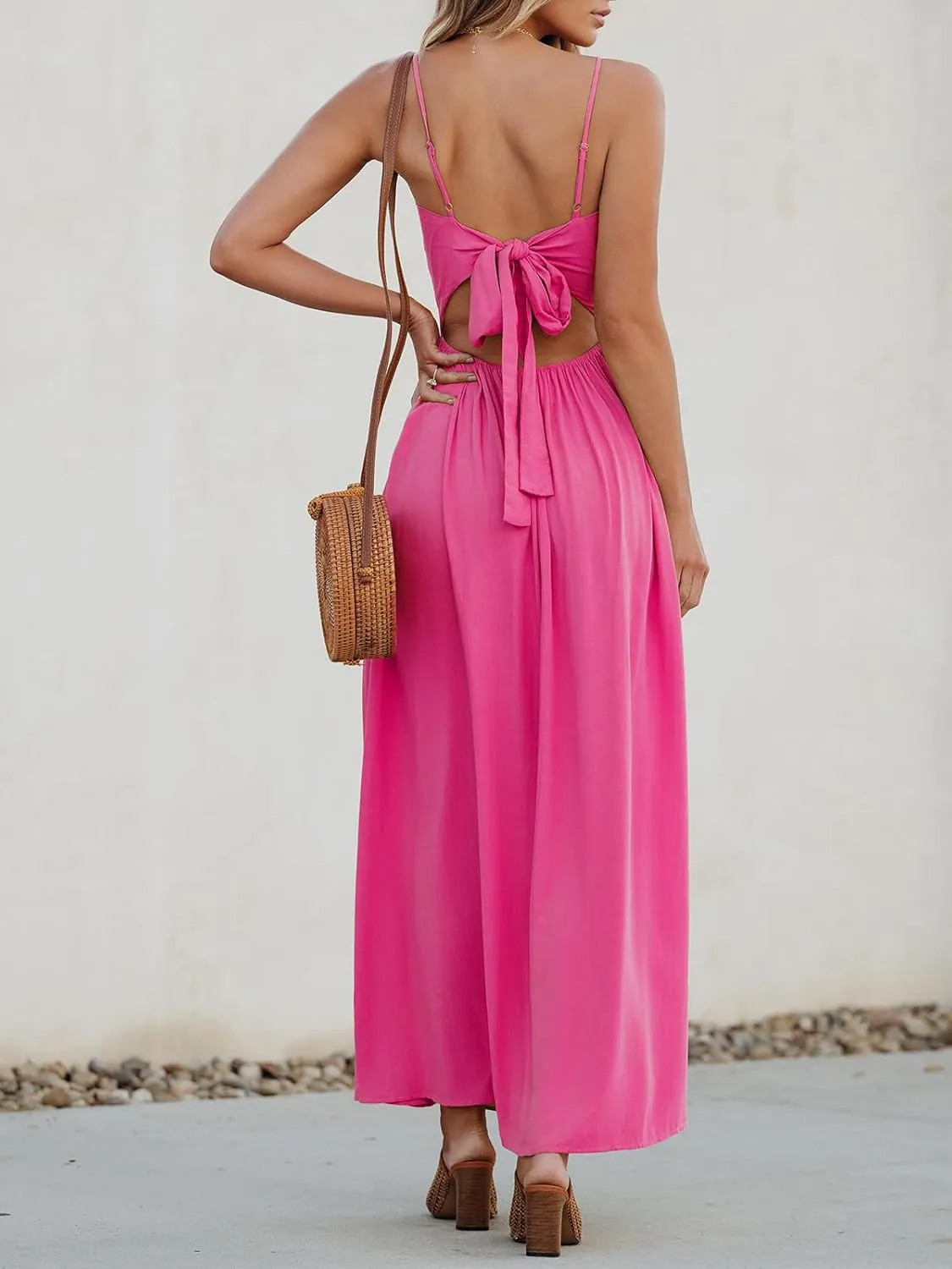 CUPSHE Women Casual Dress Beach Sleeveless V Neck Summer Cutout Spaghetti Straps Formal Maxi Sun Dresses