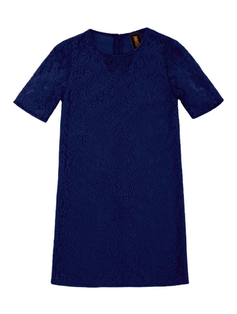 Deep Navy Stretchy Lace Adorable Sleeved Shift Party Dress - Girls