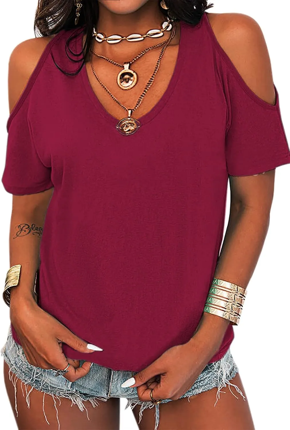 Eurivicy Women's Summer Cold Shoulder T-Shirt Casual Short Sleeve V Neck Blouse Top