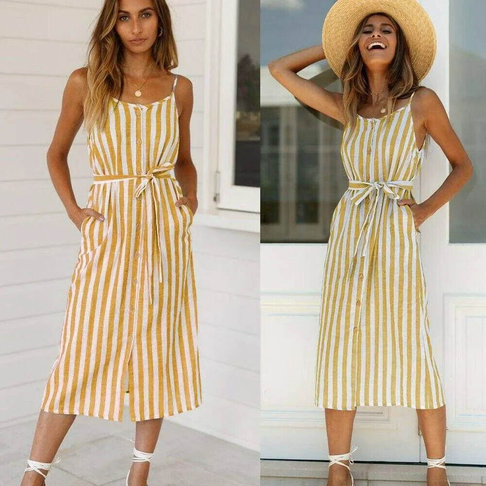 FashionSierra - Women Holiday Strappy Button Stripe Dress New Fashion Summer Ladies Beach Casual Sleeveless High Waist Sun Dress Hot