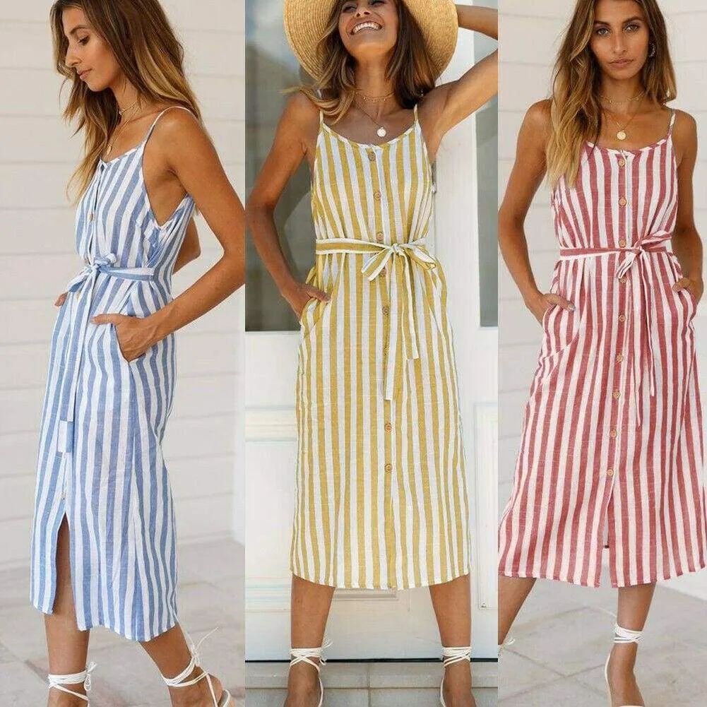 FashionSierra - Women Holiday Strappy Button Stripe Dress New Fashion Summer Ladies Beach Casual Sleeveless High Waist Sun Dress Hot